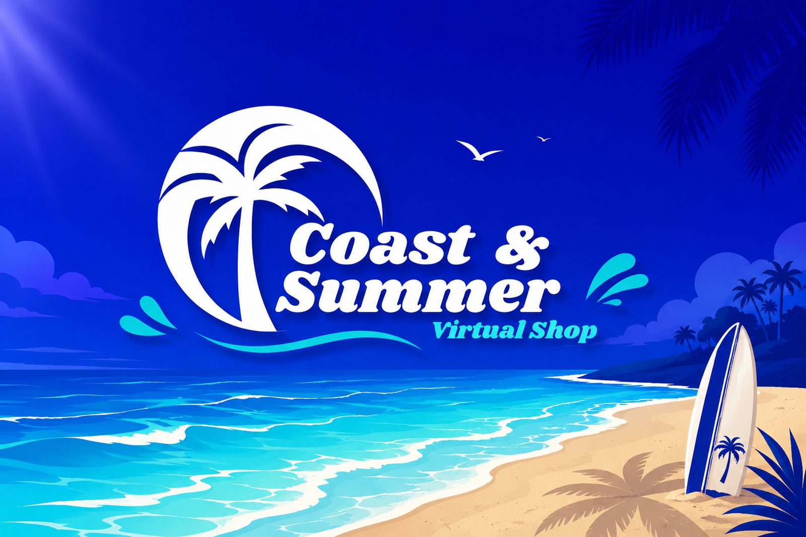 Ilustración de marca de Coast & Summer: palmera, mar y tabla de surf